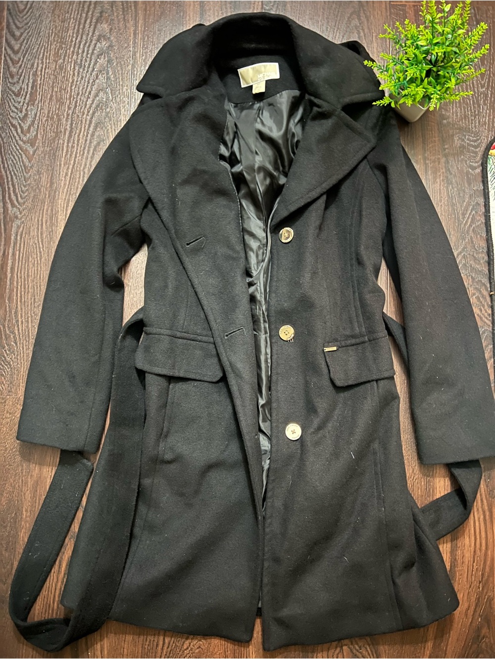 MICHAEL Michael Kors Black Wool Trench Coat with Belt